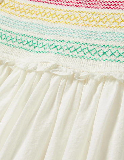 Floral Smocked Dress-Ivory Embroidered