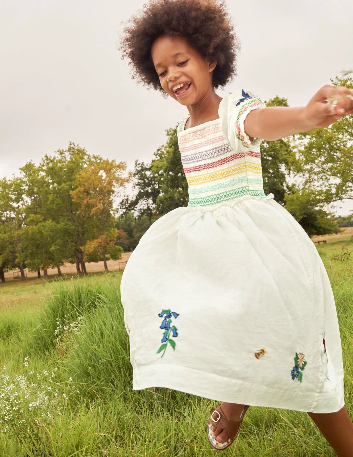 Floral Smocked Dress-Ivory Embroidered