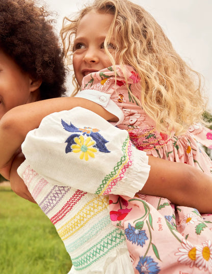 Floral Smocked Dress-Ivory Embroidered