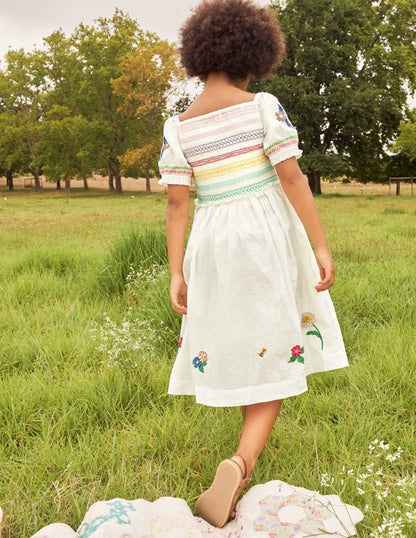 Floral Smocked Dress-Ivory Embroidered