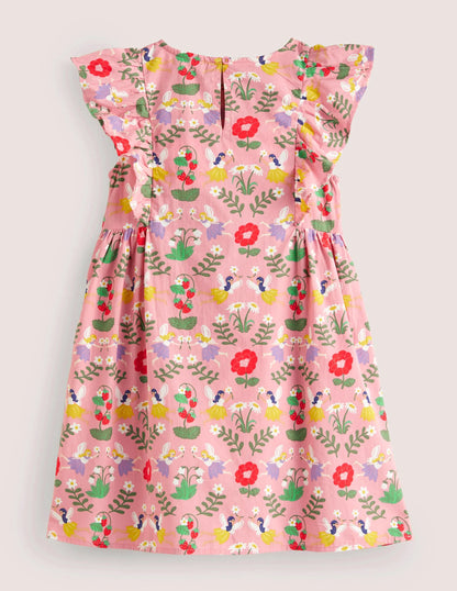 Frill Sleeve Printed Dress-Pink Fairies