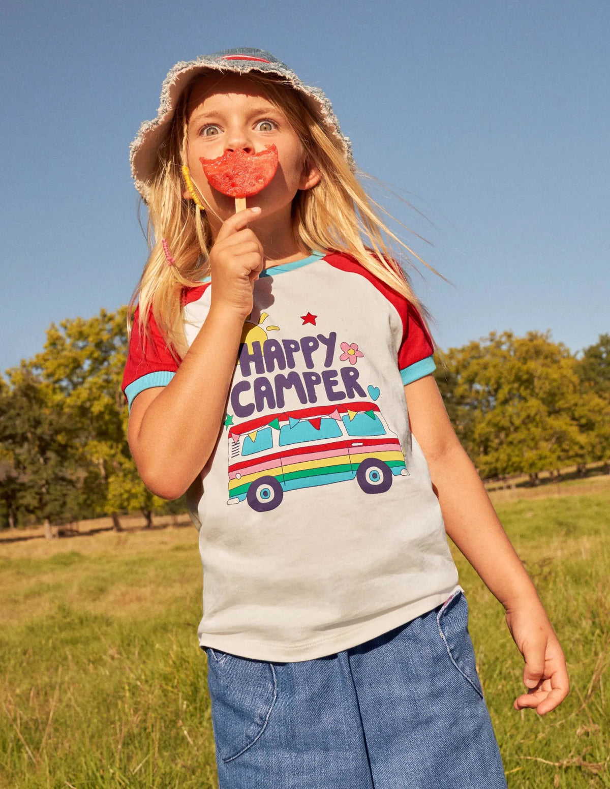Printed Graphic Raglan T-shirt-Fire Red Campervan