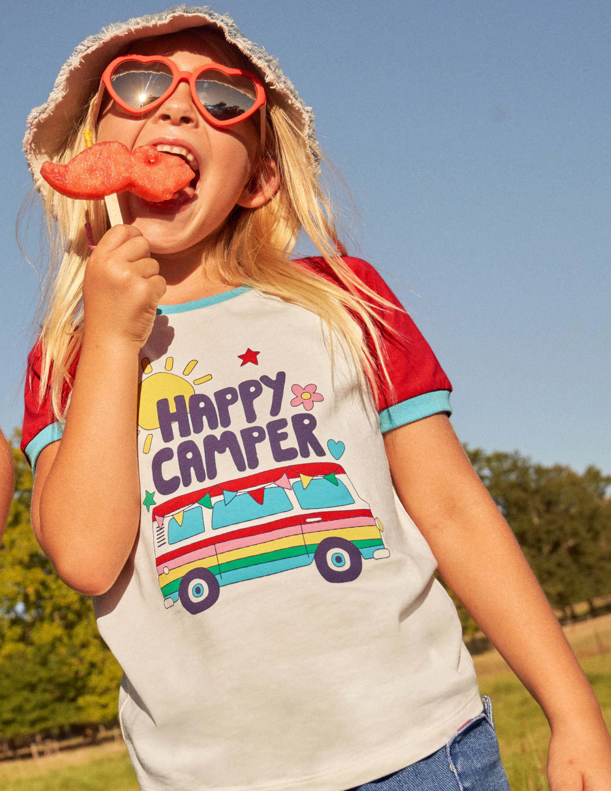 Printed Graphic Raglan T-shirt-Fire Red Campervan