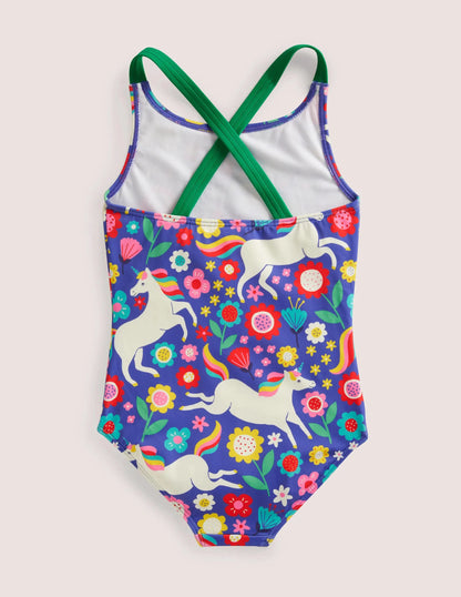 Cross-back Printed Swimsuit-Bluebell Unicorn Floral