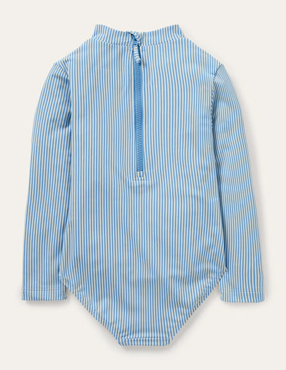 Long-sleeve Frilly Swimsuit-Surfboard Blue Ticking Stripe