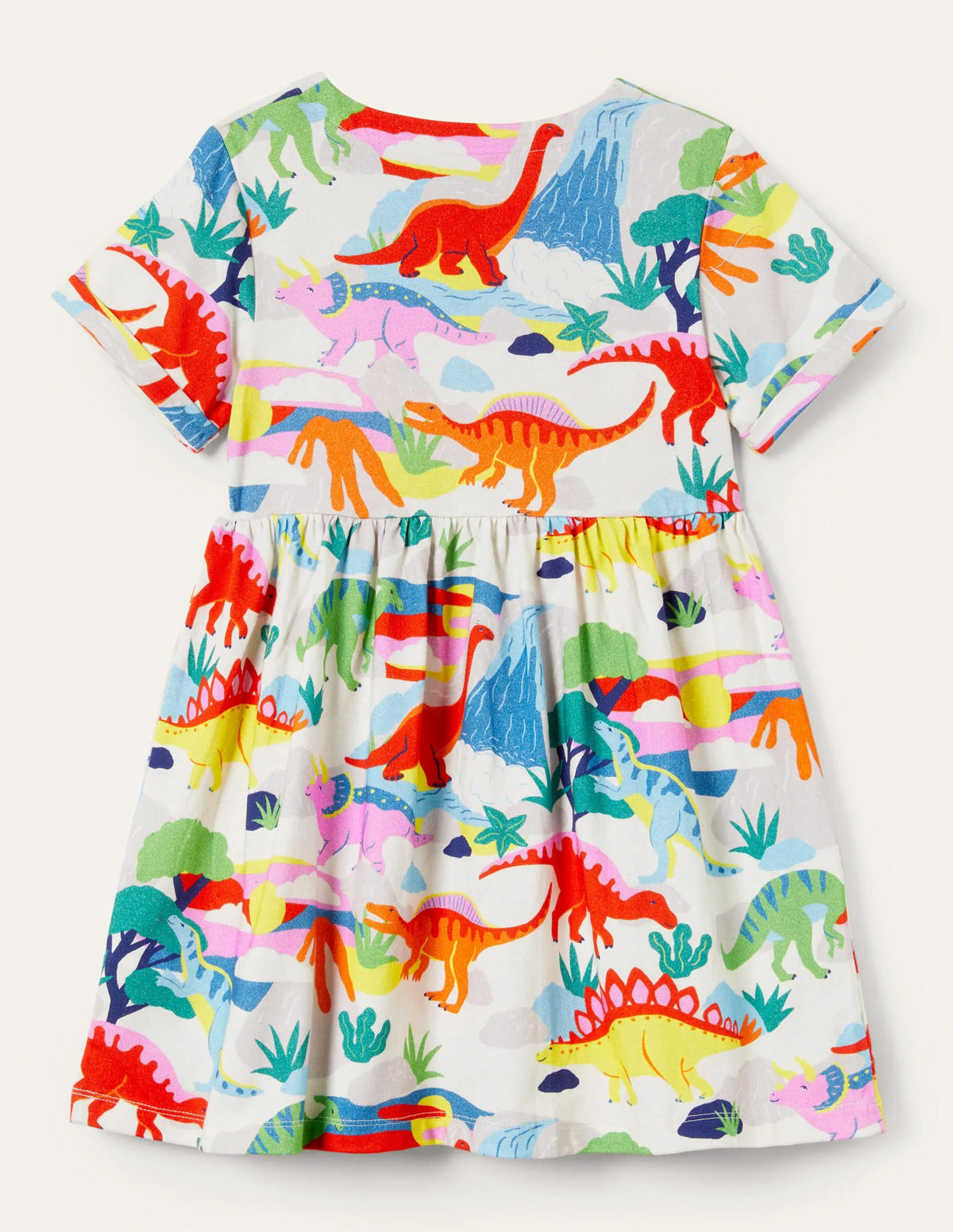 White Dinosaur Print Jersey Dress-Ivory Dinosaur Sunset