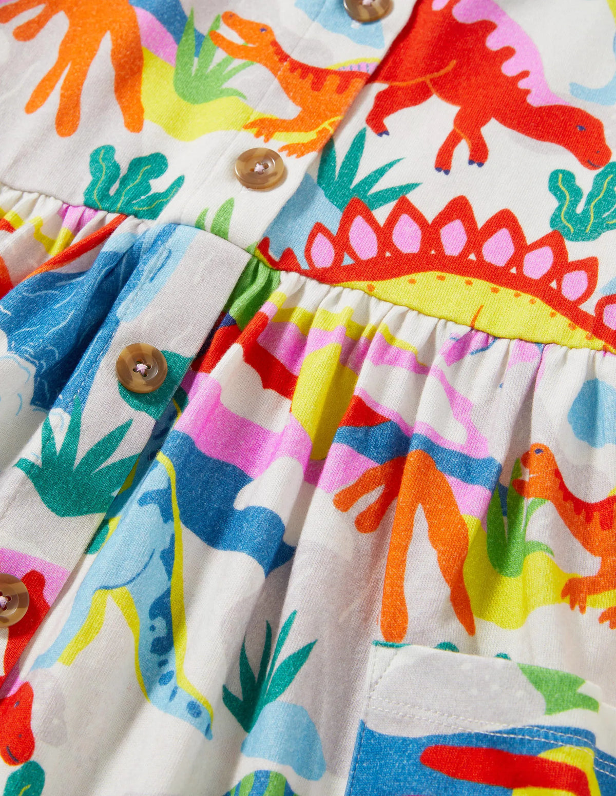 White Dinosaur Print Jersey Dress-Ivory Dinosaur Sunset