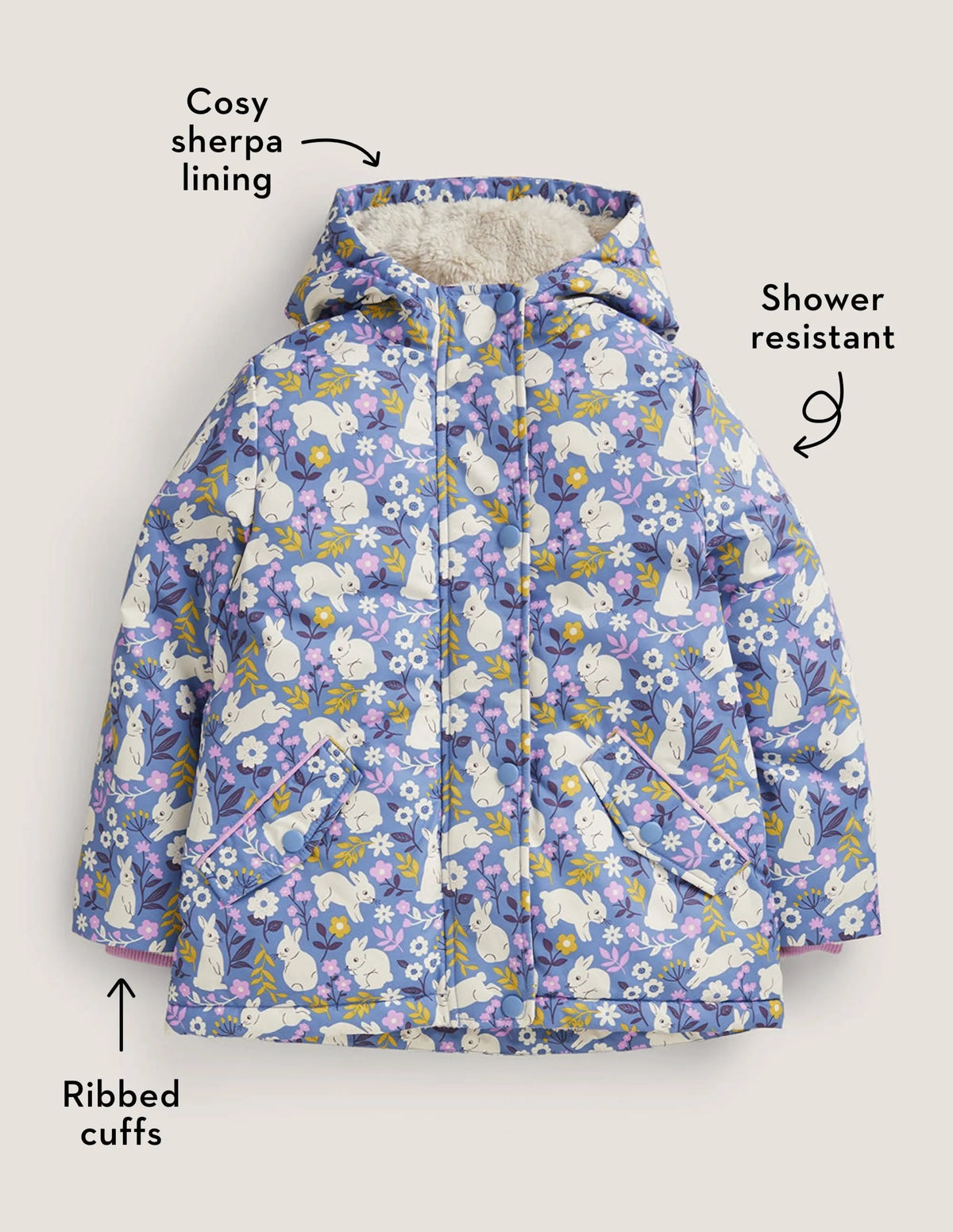 Blue Bunny Print Sherpa Lined Anorak-Riviera Blue Bunny Field