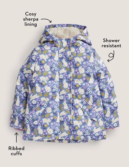 Blue Bunny Print Sherpa Lined Anorak-Riviera Blue Bunny Field