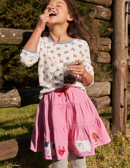 Cord Appliqué Midi Skirt-Formica Pink Farm Animals