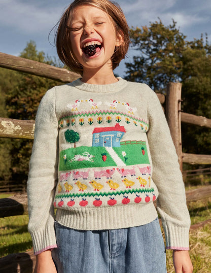 Farm House Sweater-Oatmeal Marl House Scene