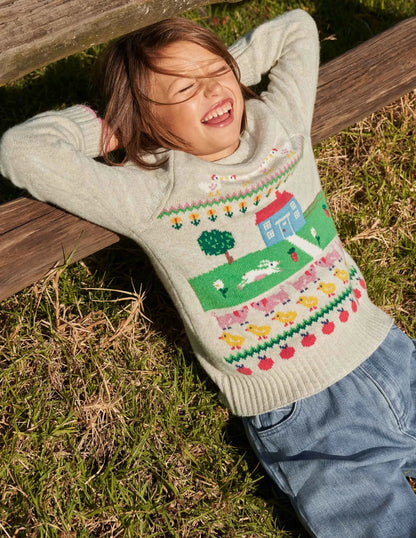 Farm House Sweater-Oatmeal Marl House Scene