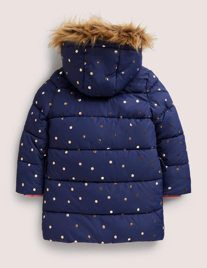 Gold Polka Dot Navy Puffer Jacket-College Navy Foil Spot