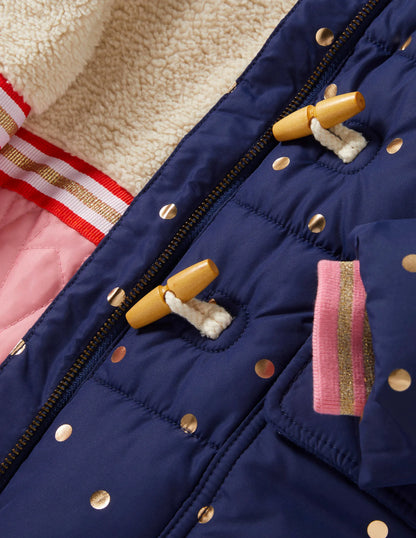 Gold Polka Dot Navy Puffer Jacket-College Navy Foil Spot
