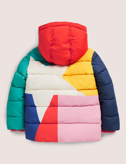 Multicolor Waterproof Hooded Puffer Jacket-Multi Colourblock Star