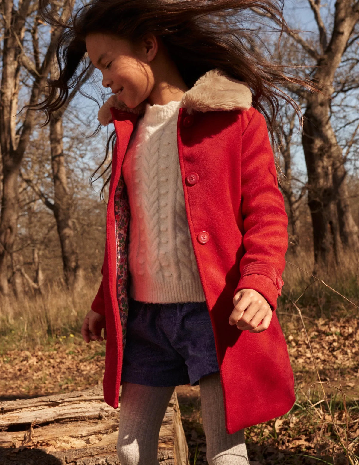 Red Fur Collar Wool Coat-Cranberry Red