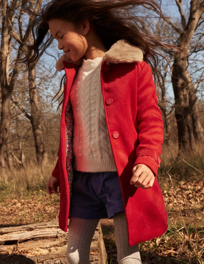 Red Fur Collar Wool Coat-Cranberry Red