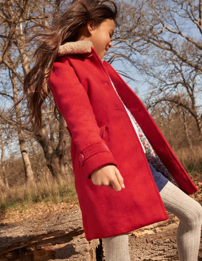 Red Fur Collar Wool Coat-Cranberry Red
