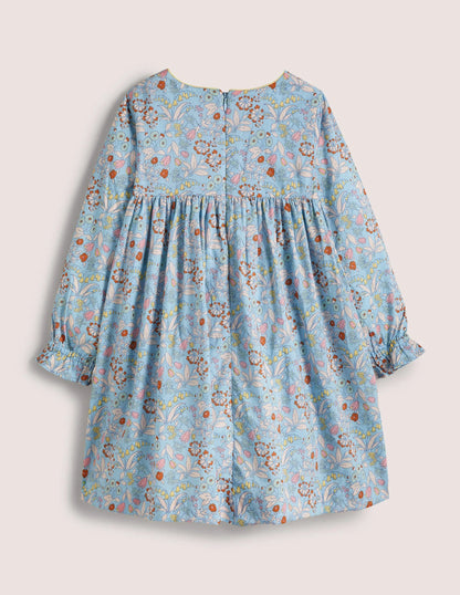 Long-sleeved Smock Dress-Dusty Blue