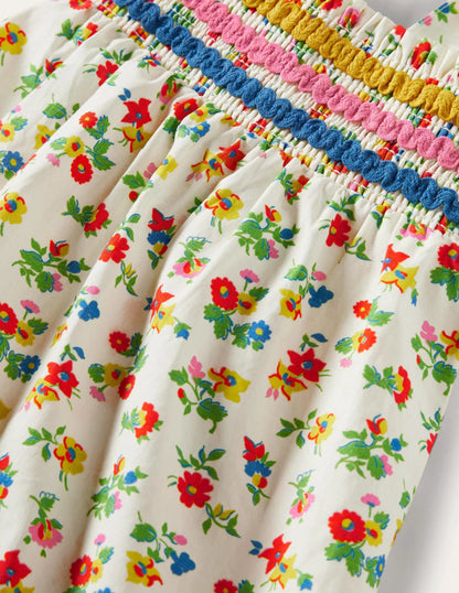 Smocked Woven Romper-Ivory Floral