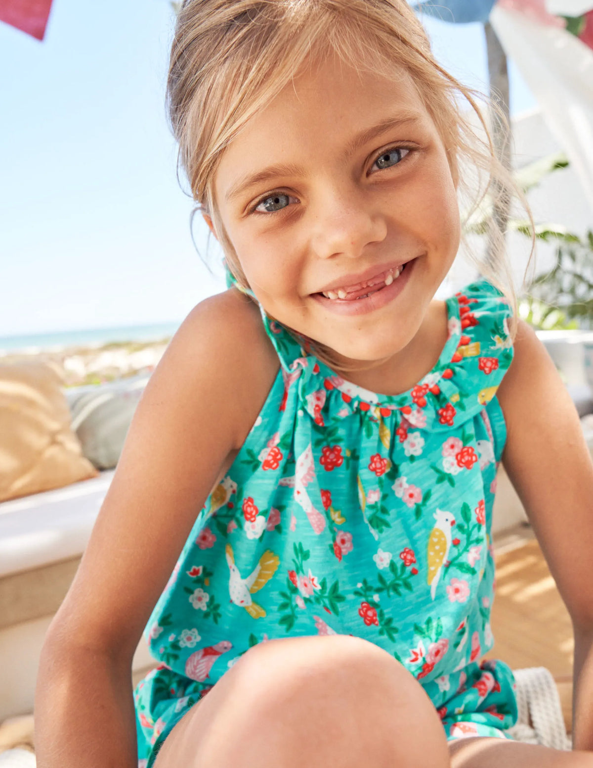 Charlie Pom Jersey Romper-Turquoise Tropical Garden