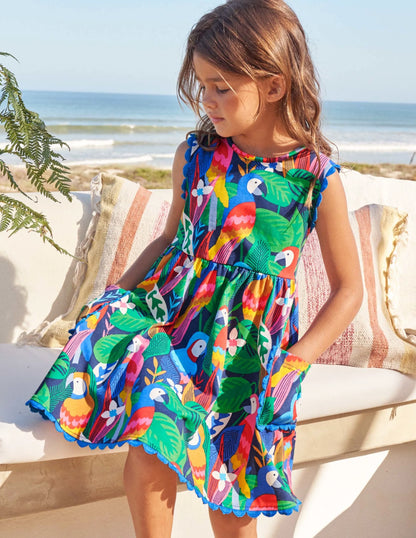 Trim Detail Jersey Dress-Multi Parrots