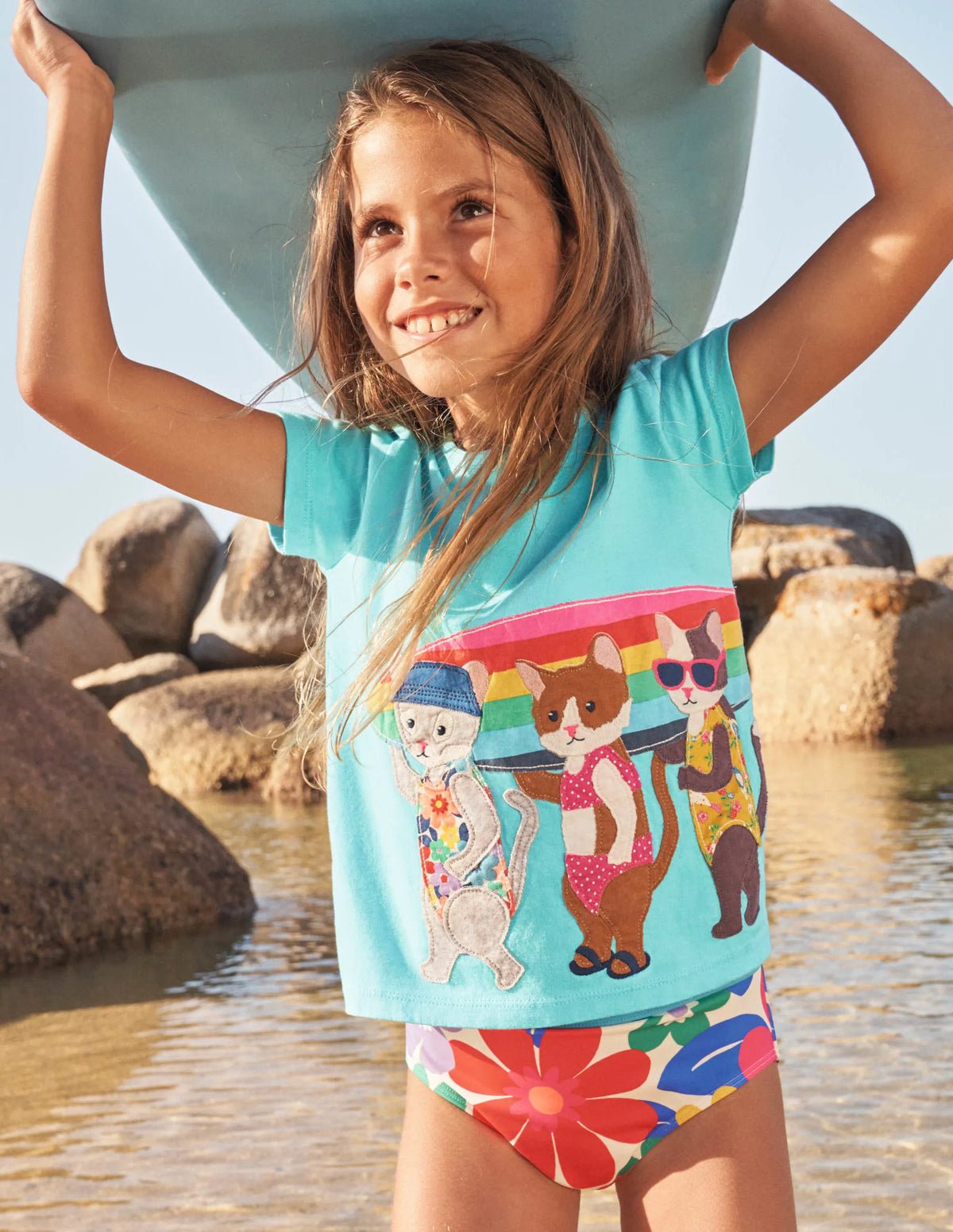 Short-sleeved Appliqué T-shirt-Turquoise Surfing Cats