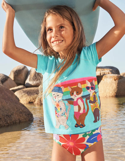 Short-sleeved Appliqué T-shirt-Turquoise Surfing Cats