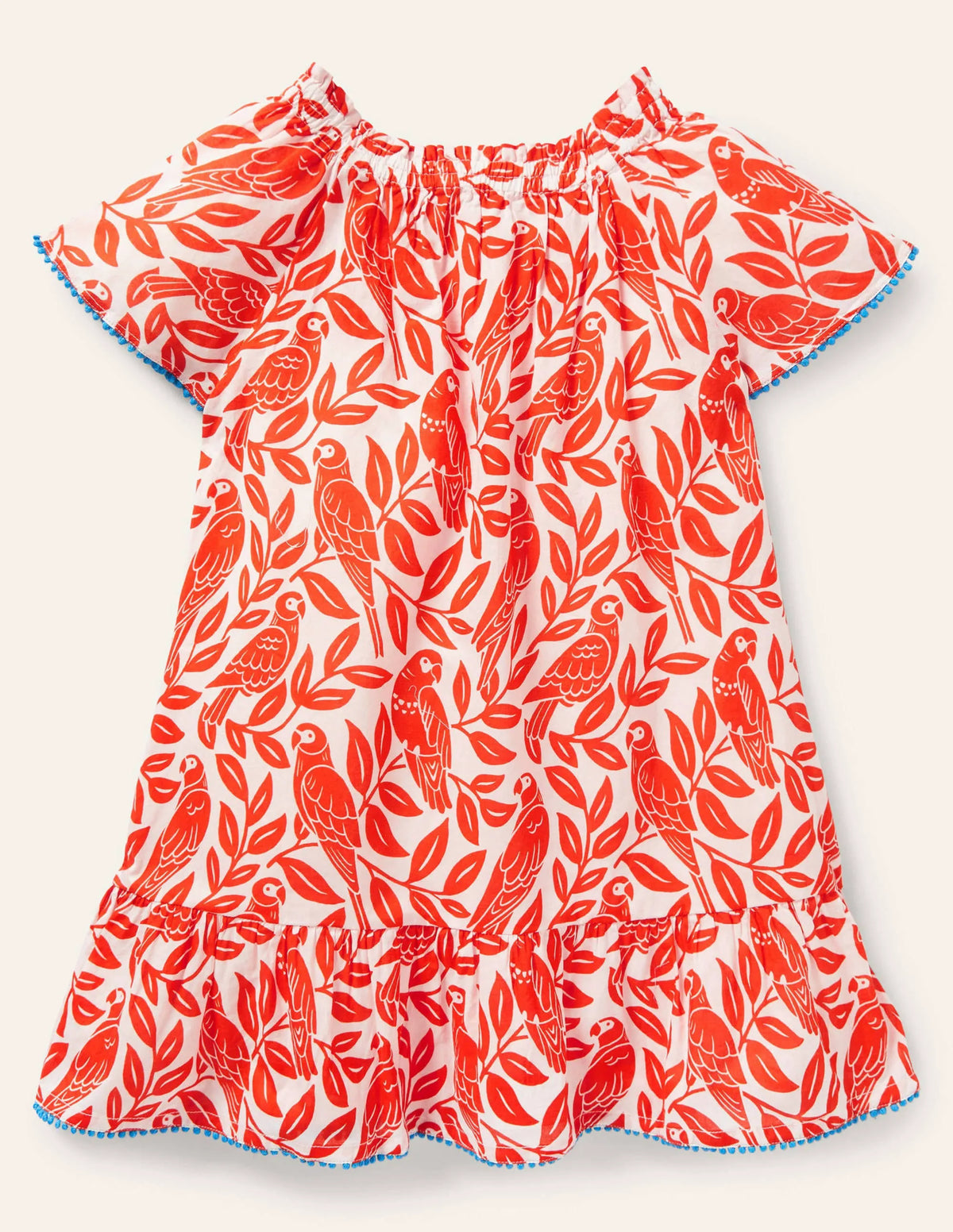 Smocked Printed Kaftan-Watermelon Red Parrot