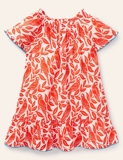 Smocked Printed Kaftan-Watermelon Red Parrot