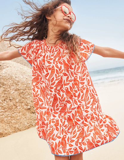 Smocked Printed Kaftan-Watermelon Red Parrot