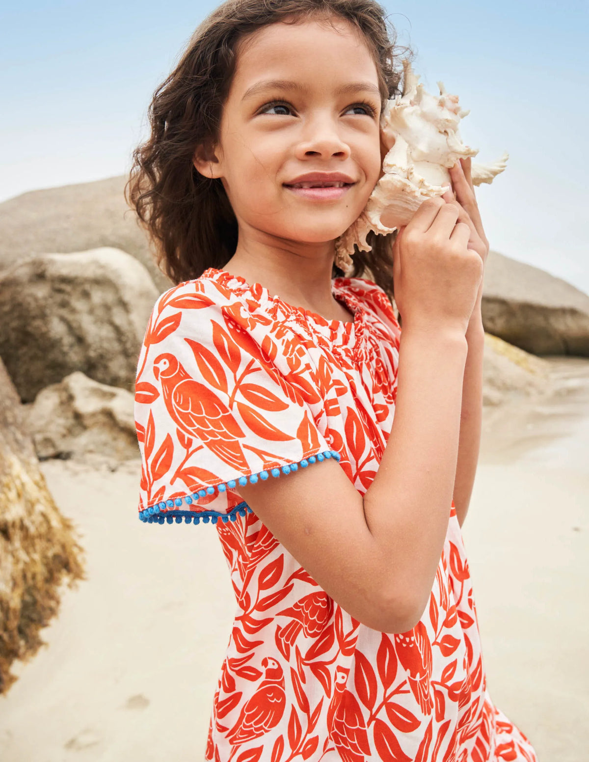 Smocked Printed Kaftan-Watermelon Red Parrot