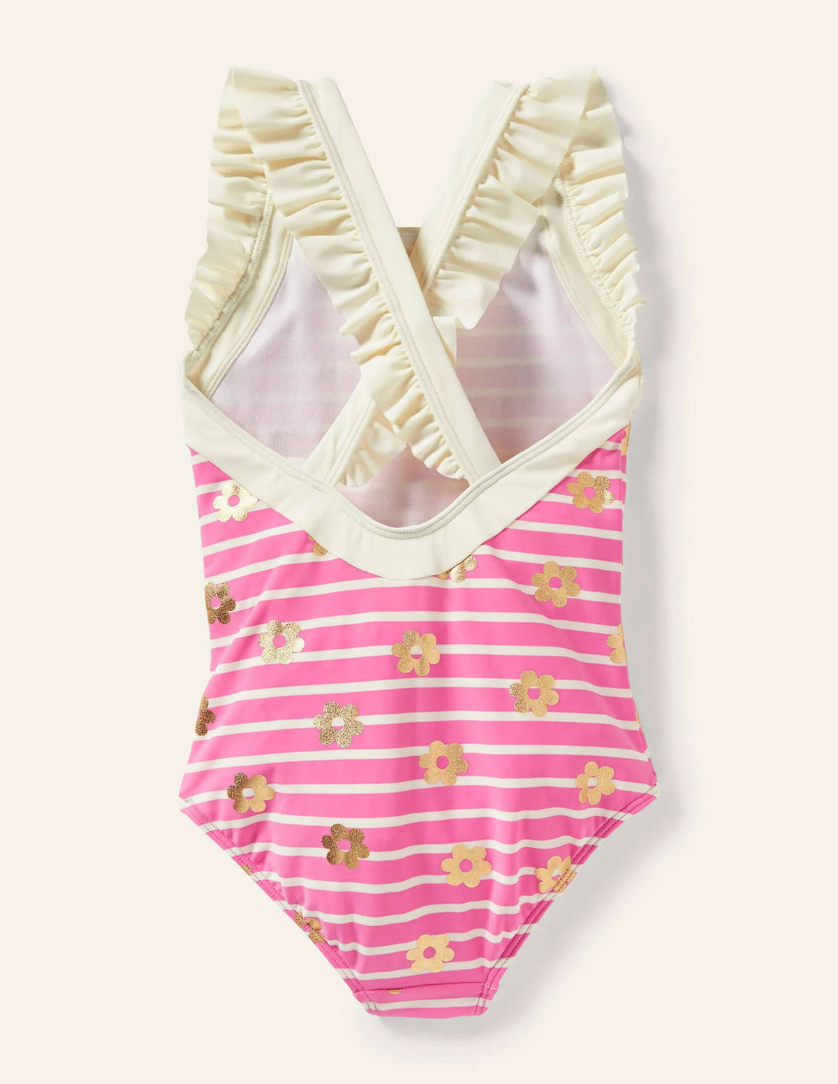 Frilly Cross-back Swimsuit-Strawberry Pink Foil Daisy