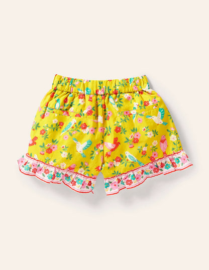 Frill Hem Printed Shorts-Sweetcorn Yellow Tropical