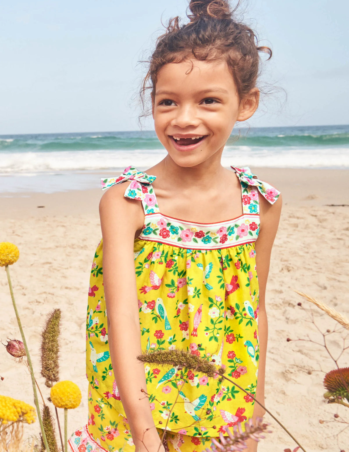 Tie Shoulder Printed Top-Sweetcorn Tropical Garden