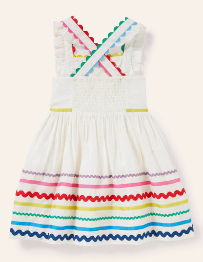 Embroidered Twirly Dress-Ivory Rainbow
