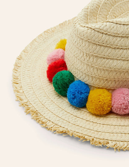 Straw Hat-Rainbow Poms