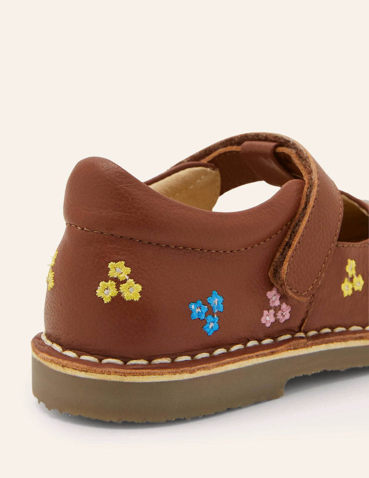 Leather T-bar Flats-Tan Embroidered