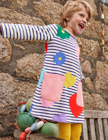 Fun Pocket Jersey Dress-Ivory/Blue Rainbow Flowers