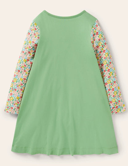 Long Sleeve Appliqué Dress-Aloe Green Guinea Pigs