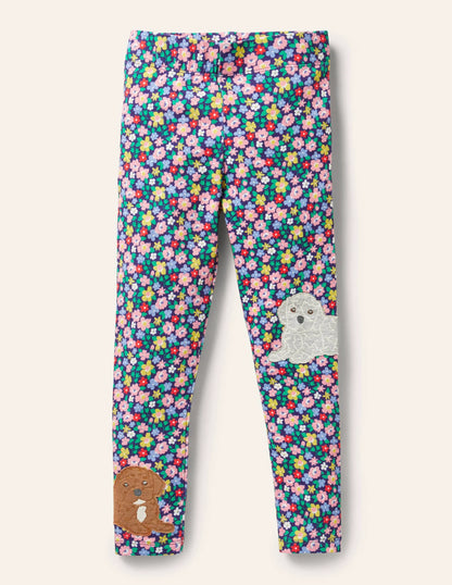 Fun Appliqué Leggings-Starboard Blue Floral Puppies