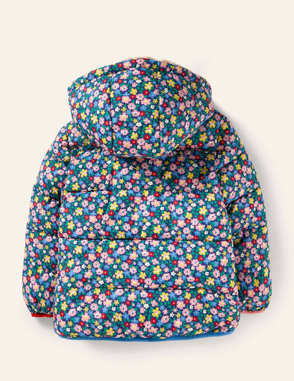 Reversible Printed Puffer-Starboard Blue Spring Floral