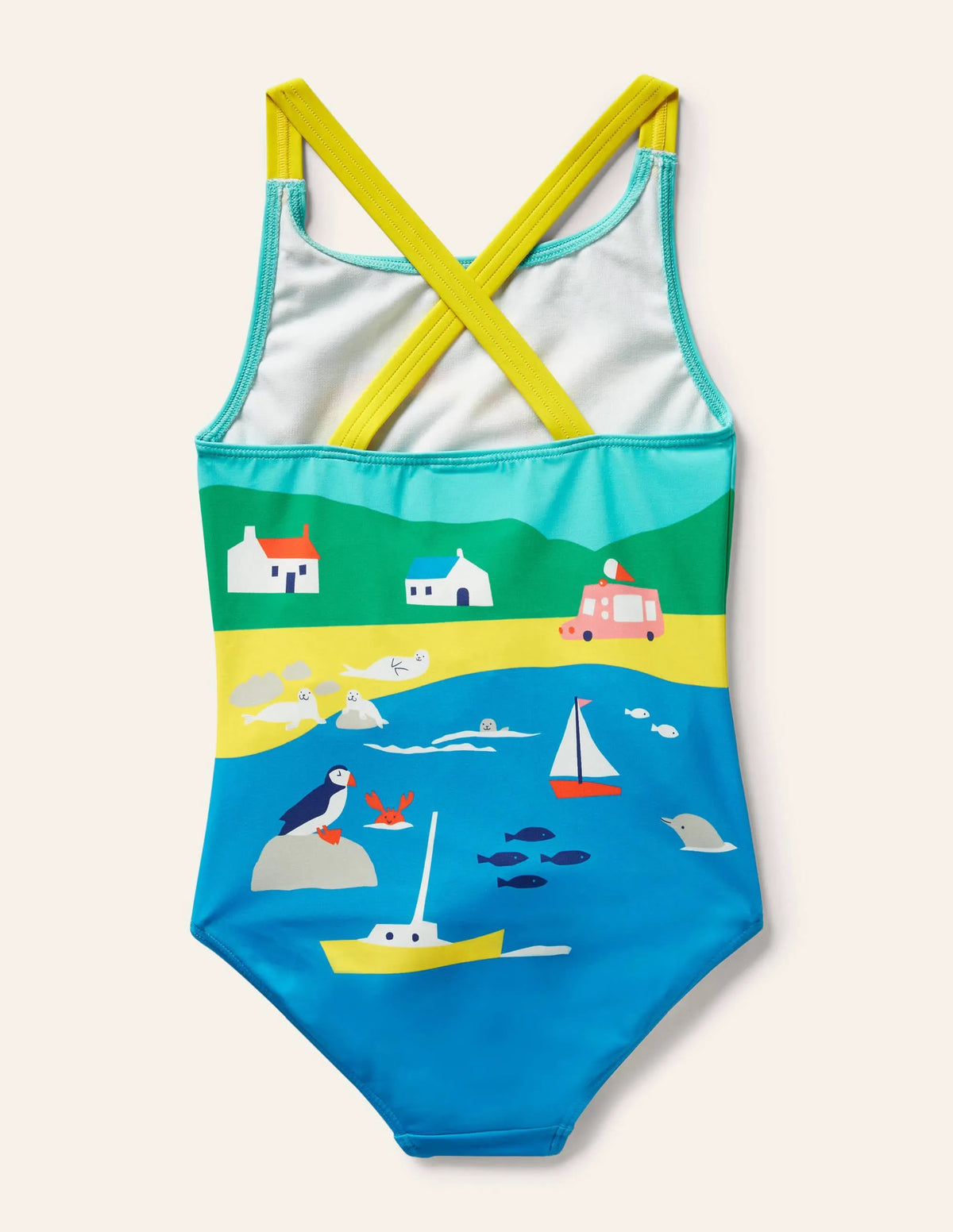 Cross-back Printed Swimsuit-Multi Coastal Scene