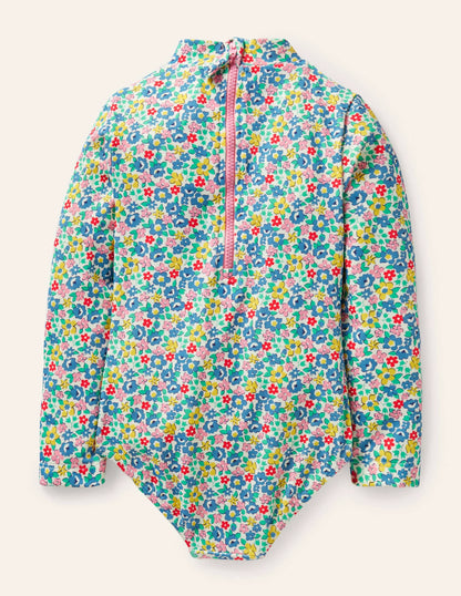 Long-sleeve Frilly Swimsuit-Elizabethan Blue Spring Floral