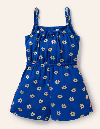 Woven Vacation Romper-Blue Wave Foil Daisy