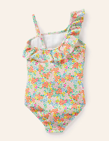One Shoulder Frill Swimsuit-Multi Tropical Flowerbed
