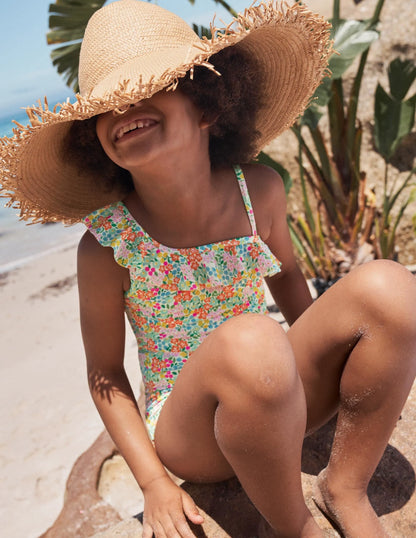 One Shoulder Frill Swimsuit-Multi Tropical Flowerbed