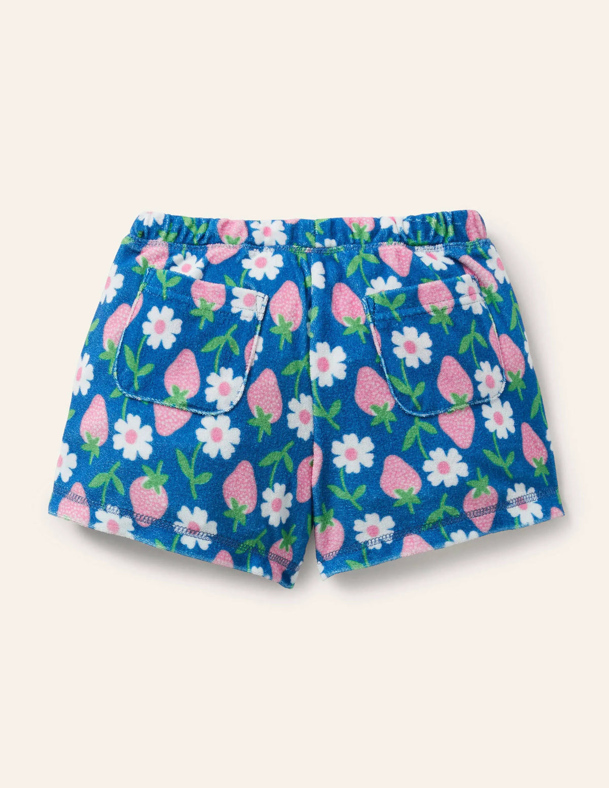 Blue Strawberry Print Towelling Shorts-Bright Marina Blue Strawberry