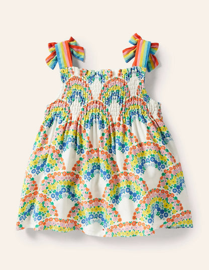 Tie Shoulder Smocked Top-Multi Rainbow Floral