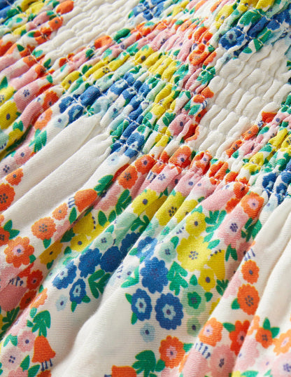 Tie Shoulder Smocked Top-Multi Rainbow Floral
